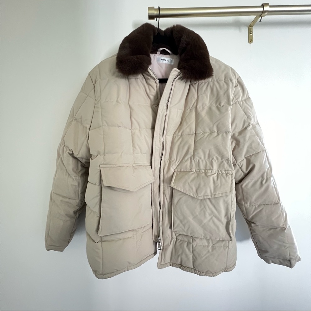 Danielle Guizio Tan Puffer Jacket w/ Faux Fur Collar • Size M • NWOT